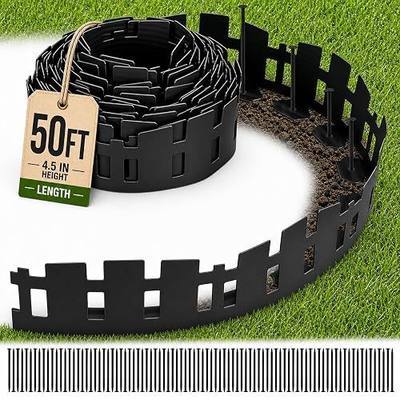 Garden Edging Border 50FT, 4.5 in Black Picket Fence Border for Lawn & Yard | 90 flexible stakes shape curves with no digging; decorative plastic edging outlines flower beds, walkways and garden paths.