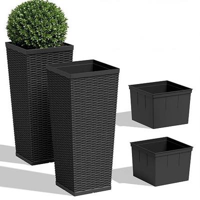 JUMMICO 30" Front Porch Resin Rattan Tall Planters 2 Pack, Inner Tray | Large Tapered Porch Planters with Drainage Holes, for Outdoor Plants, Flower Pots for Garden, Patio, Backyard