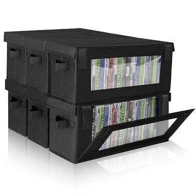 6 Pack DVD Storage Box with Lid, Stackable DVD Organizer Bin with Clear Window, Collapsible Media Storage Case with Handles, Front and Top Access for DVD, Movies, Games, Black