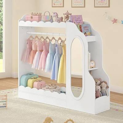 Curipeer Kids Dress Up Storage with Mirror, Bookshelf & Toy Storage, Scalloped Design Princess Closet for Little Girls, Kids Dress Up Rack, Open Hanging Armoire Wardrobe for Bedroom, Playroom, White
