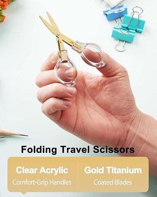 SCAIKTIG 3.8” Folding Travel Scissors Set (2 Pcs), Safety Small Mini Foldable Scissors All Purpos, Clear Acrylic Comfort-Grip Handles, Gold Titanium Coated Blades for Craft, Sewing, Office Desk, Nurse