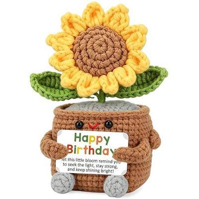 Birthday Gifts for Women, Happy Birthday Crochet Sunflower with Card, Unique Positive Appreciation Gift Ideas for Friends Teacher Woman Boss Coworkers Female Her Sister Bestie Mom Mother Wife
