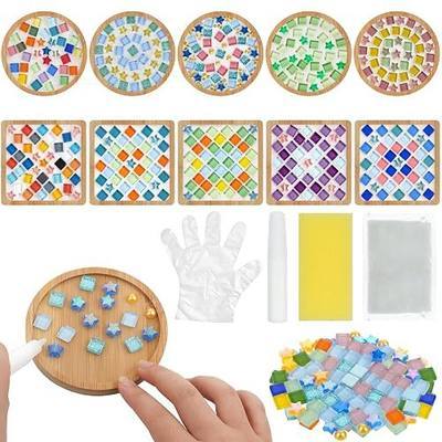 10 Sets DIY Mosaic Tiles for Crafts Mixed Color Glass Mosaic Kits with Wooden Coaster Make Your Own DIY Bamboo Coaster Kit for Handmade Drinks Tray Home Decoration
