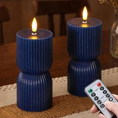 Navy Blue Flameless LED Pillar Candles with Remote, Pack of 2 Ribbed Real Wax Flickering Electric 3D Wick Warm Light Battery Operated Fake Timer (2.8in x6in Home Decor)