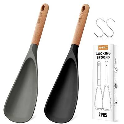 2-Pack Silicone Cooking Spoons with Wood Handle & S-Hooks - Heat Resistant 446°F Spoonula for Nonstick Cookware - BPA Free Multifunction Spatula Spoon for Mixing, Scooping&Serving
