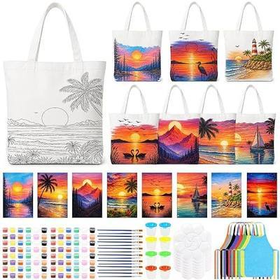 8 Set Sip and Paint Kit for Adults Pre Drawn Canvas Tote Bags Painting Kit, DIY Pre Printed Canvas Painting Favor with Apron Paints Brushes Palette for Party, Birthday, Craft Activities (Sunset)