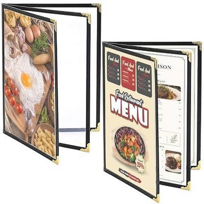 Menu Covers 2 Pack 8.5x11" 3-Page 6-Side, Clear PVC Menu Holders with Black Trim & Gold Corners, Durable Menu Protectors for Restaurants/Cafés
