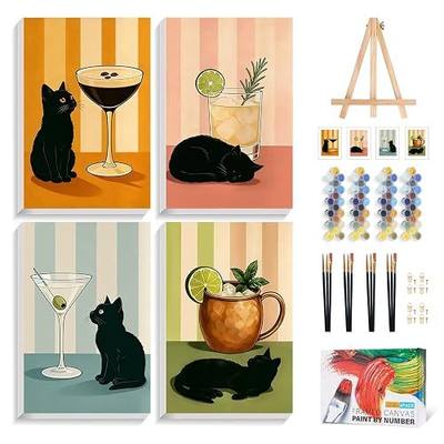 4 Pack Paint by Numbers Kit for Adults with Frame, Black Cat Painting Kit | with Wooden Easel, Cocktail DIY Acrylic Painting Craft for Beginners, Stress Relief, Home Wall Decor, Cat Lovers, 8 x 12 Inch