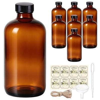 8 Pack 16 oz Amber Glass Bottles with Caps and Labels | Large Boston Round Syrup Leakproof Apothecary Airtight Bottles for Vanilla Extract, Elderberry, Liquid, Kombucha