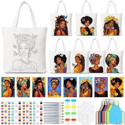 8 Set Sip and Paint Kit for Adults Pre Drawn Canvas Tote Bags Painting Kit, DIY Pre Printed Canvas Painting Favor with Apron Paints Brushes Palette for Party, Birthday, Craft Activities (Elegant Lady)