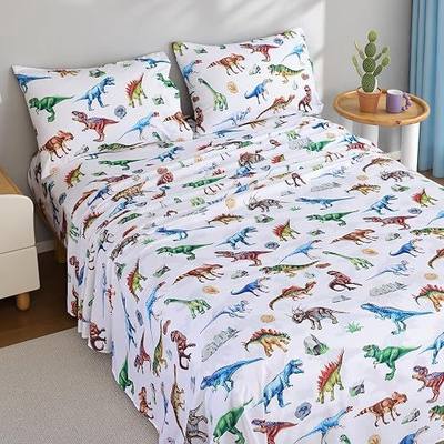 Kids Full Size Sheet Set Dinosaur Sheets for Boys Bedding with Fitted Sheet 16" Deep Pocket, Flat Sheet and Pillowcases Soft Breathable Microfiber Bedsheet Decor Bedroom