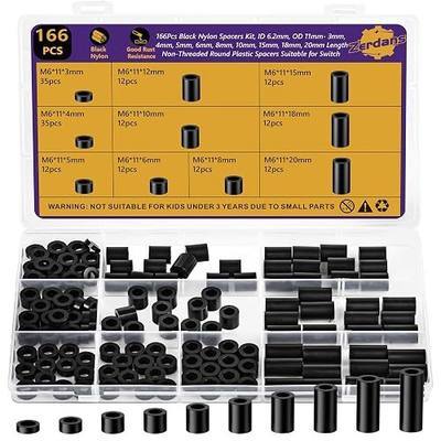 166Pcs M6 Black Nylon Spacers Kit, 3-20mm for M6 Screws Bolts | 3/4/5/6/8/10/12/15/18/20mm, Rustproof & Flame Retardant, For Hardware & DIY Electronics, Storage Case Included