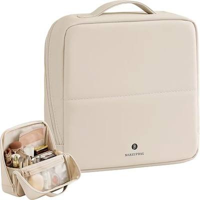 tianzong Travel Makeup Bag with Magnetic Fold-Down Flap, Waterproof Leather Cosmetic and Toiletry Organizer for Women, Multi-Zone Standing Storage, Cream, Large