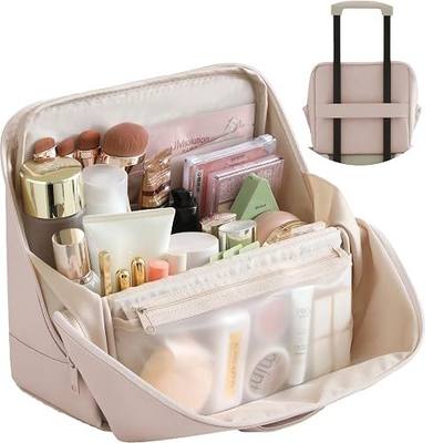 tianzong Travel Makeup Bag with Magnetic Fold-Down Flap, Waterproof Leather Cosmetic and Toiletry Organizer for Women, Multi-Zone Standing Storage, Dusty Rose, X-Large
