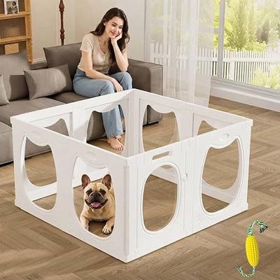 Clear Acrylic Dog Playpen Indoor with Toy & Door (24" H, 8 Panels, White) | Transparent Puppy Playpen for Dogs, Cats, Rabbits or Small Pets, Indoor Modern Dog Play Pen for Home, Easy Clean & Assemble