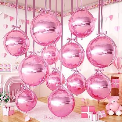 Pink Round Foil Balloons, 12PCS Different Sizes 4D Metallic Inflatable Mirror Ball Balloons with Ribbons for Ceiling Hanging Birthday Graduation Wedding Bridal Shower Bachelorette Party Decorations