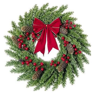 20 Inch Christmas Wreaths for Front Door Artificial Pine Wreath | Pine Cones, Red Berries, Red Bow, Rustic Farmhouse Winter Holiday Wreath for Indoor Outdoor Porch Window Fireplace Decor