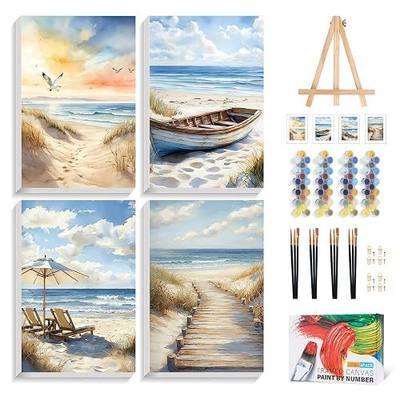 4 Pack Paint by Numbers Kit for Adults with Frame, Beach DIY Painting Kit | with Wooden Easel, DIY Acrylic Painting Craft for Beginners, Stress Relief, Home Wall Decor, Beach Lovers, 8 x 12 Inch