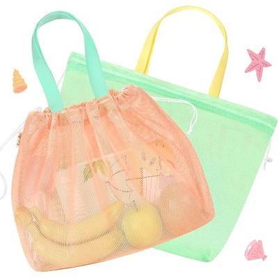 Tagitary Beach Toys Kids Beach Bag Tote with Drawstring, Orange Green Mesh Bag Travel Beach Essentials for Kids Swim Pool Gym Bag Camping Accessories Toys Storage Lightweight Foldable Birthday Gifts