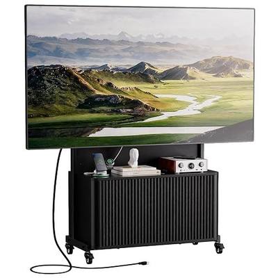 Planimetry Rolling TV Stand with Mount for 32-75 Inch, Black | Height Adjustable Mobile TV Stand, Lockable Wheels, Fluted Cabinet Entertainment Center, Power Outlet, Large Storage