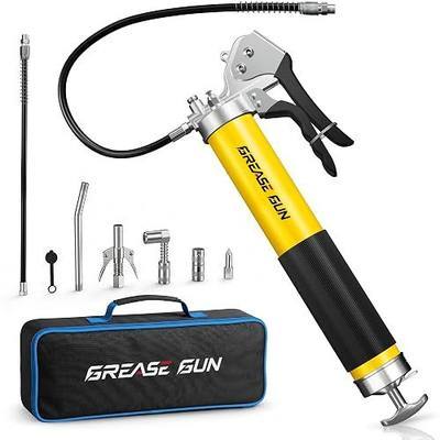 Pneumatic Grease Gun Kit,10000 PSI Heavy Duty Pistol Grip Grease Gun with 14 oz Capacity, 2×18 Inch Resin Flex Hoses, 4 Versatle Couplers & Extension Rigid Pipe, Ideal for Automotive, Marine