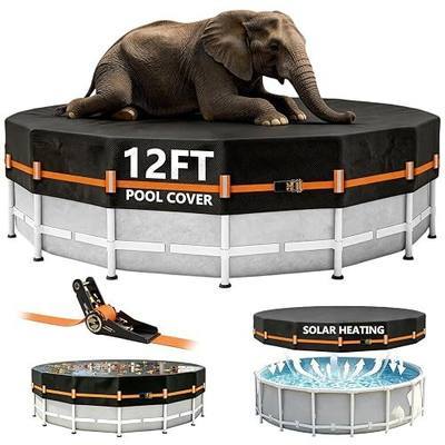 12FT Round Pool Cover Thicker Solar Pool Covers for Above Ground Pools | 600D Polyester Oxford,Tear Resistant,Waterproof,UV & Dust Proof,Windproof,Ratchet Tensioner,Quick Installation and Removal