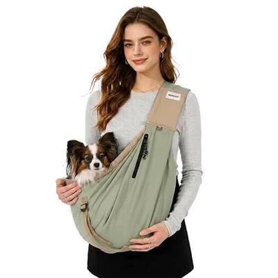 Dog Sling Carrier, Small Dog Carrier Sling for Cats & Puppies 20 lbs, Dog Carry Bag with Pockets, Light Water-Resistant Nylon, Pet Sling Carrier for Senior Pet Walks, Travel, Crowds, Home(Olive Green)