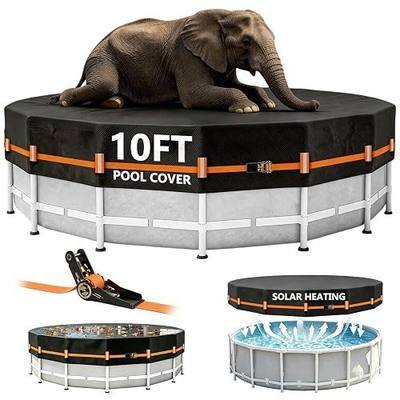 10FT Round Pool Cover Thicker Solar Pool Covers for Above Ground Pools | 600D Polyester Oxford,Tear Resistant,Waterproof,UV & Dust Proof,Windproof,Ratchet Tensioner,Quick Installation and Removal