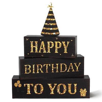 4 Pcs Birthday Wooden Tiered Tray Decor, Black and Gold Birthday Table Centerpiece Decorations Gifts for Home Party Office Kitchen Mantel Shelf