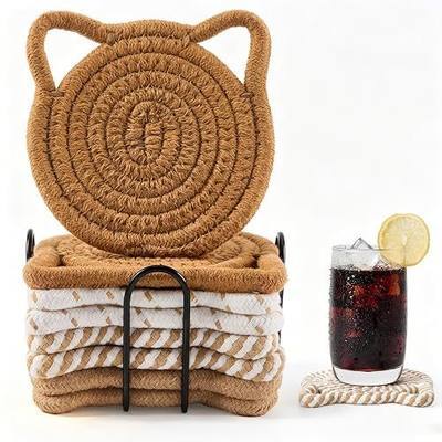 Coasters Set of 8 with Holder for Drinks, Absorbent Cotton Woven Coasters for Desk, Cute Cup Coaster Set for Living Room Decor and Tabletop Protection (Mixed Brown)