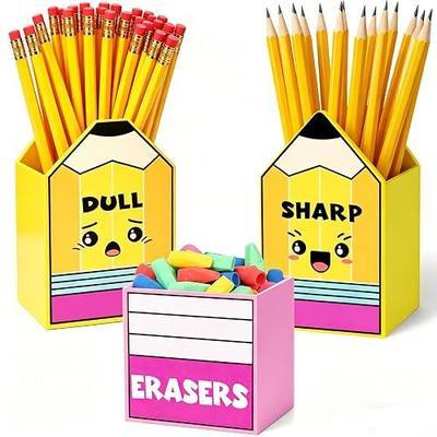 Sharp and Dull Pencil Holder for Classroom, 3 Pcs Wooden Dispenser Organizer with Eraser Bucket, No Assembly Required, Teacher Must Haves, Back to School
