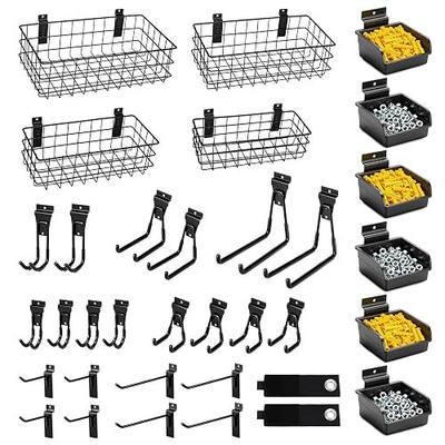 34PCS Slatwall Accessories Set: Baskets, Hooks Set, Screw Bins | Heavy Duty Slatwall Hooks & Baskets Set with 2 Straps and 6 Pack Screw Bins for Garage Slat Wall Organizer Storage Systems