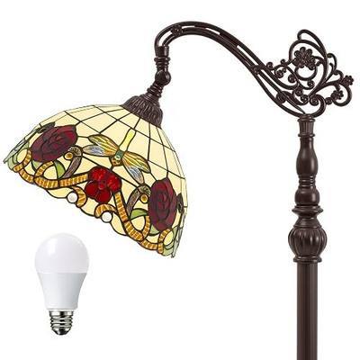 Tiffany Reading Floor Lamp, 64'' H Stained Glass Arched Lamp | Tiffany Floral Dragonfly Gooseneck Adjustable Corner Standing Light Decor for Bedroom Living Room, Metal Base, Bulb Included