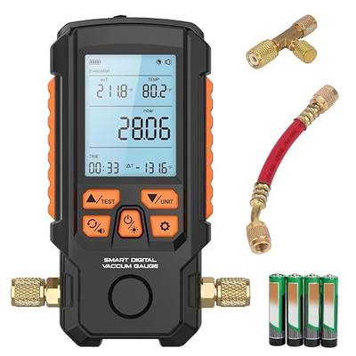 Digital Vacuum Gauge Tester HVAC 1/4" SAE HVAC Pressure Tester Meter Gauges ±0.2% Accuracy & 0.01 Resolution, Torr/mbar/inHg/Hpa, 3" Backlit LCD, Leak Test, Alarm, Auto Calibration & Temp Compensation