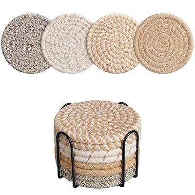 Coasters Set of 8 for Drinks with Holder,4 Colors Absorbent Coasters,Boho Cotton Woven Coaster Set for Living Room Decor,Tabletop Protection Suitable for Drinks,Beer, Coffee