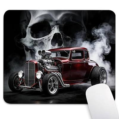 Classic Modified Car Mouse Pad, Vintage Red Hot Rod & Smoke Skull Desk Mat | Cute Portable Stitched Mousepad, 9.5 x 7.9 Inch, Anti-Slip Rubber Base, Smooth Fabric Surface