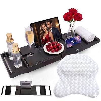 Bath Tray for Tub and Ergonomic Pillow Premium - Caddy Expandable 29 to 42.5 Inch -Foldable Bamboo Wood Tub Organizer - Luxury Bathtub Tray Wood Bamboo