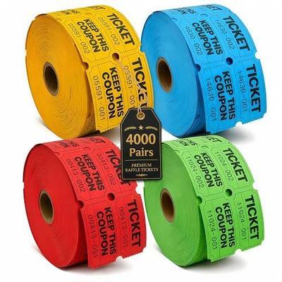XXINMOH 4000 Pairs Double Raffle Tickets – 4 Assorted Colors (Pink, Blue, Red, Purple) – 1000 Pairs per Roll for Carnival, Fundraiser, Party, Event, Classroom, Lottery Drawing Prize Tickets for Raffle