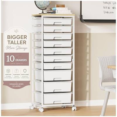 SYKIARIOL Rolling Cart with Drawers,10 Drawer Rolling Cart,Craft Organizer with Wheels,Teacher Storage Cart with Wooden Tabletop for School,Office and Home,White