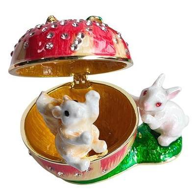 Apple Bunny Squirrel Jewelry Box Ring Necklace Earring Trinket Holder Hand Painted Rabbit & Squirrel Ornamental For Home & Office Decor Gift For Lady Friends Birthday Red