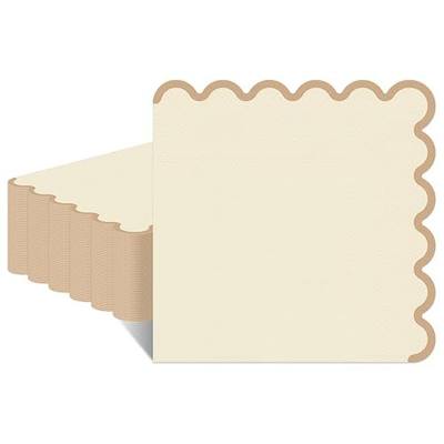80 Pcs Ivory Napkins with Brown Trim; 3-Ply Cream Paper Napkins Disposable; 5 x 5 Inch Scalloped Cocktail Napkin for Birthday, Wedding, Baby Shower, Wedding; Ivory Party Dessert Napkin