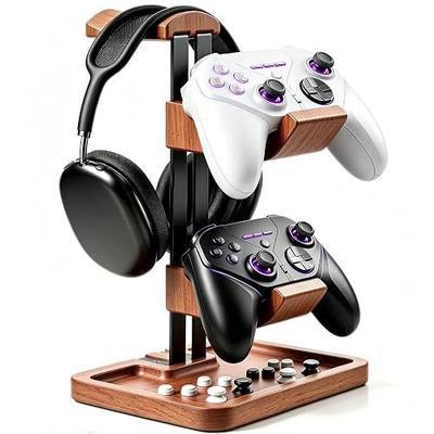 LOXP Walnut Headphone and Controller Stand, 2-in-1 Holder with Storage | Solid Wood Gaming Headphone Stand, Built-in Storage, Non-Slip, Fits Xbox PS5 Switch Controllers, Desktop Organizer for Gamers