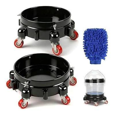 2 Pcs 5 Gallon Bucket Dolly, 11 Inch, Black Set | 1 Car Washing Glove, 5 Heavy Duty Wheel Casters, 360° Rolling, Connectable & Locking, For Car Wash, Garden & Garage