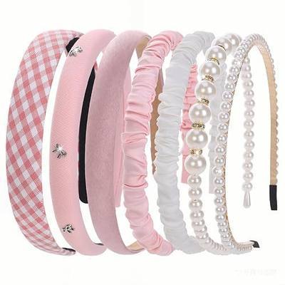 Headbands Girls 7Pcs Wide Head Bands for Kids Pink HeadBands White Pearl Headband Toddlers Women Thin Hairbands Fashion Non-Slip Elastic Head Bands for Kids Children