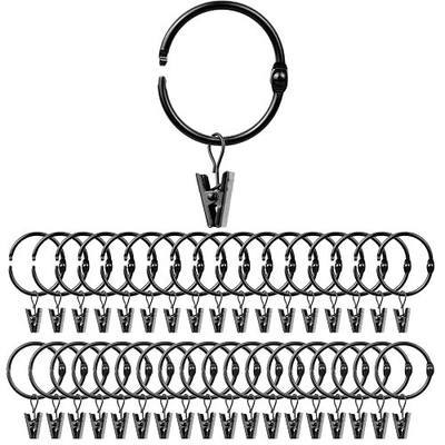 36 Pack 1.26 Inch Openable Curtain Rings with Clips, Rust Resistant Metal Open Drapery Rings Hooks with Curtain Clips, Fits Up to 1 Inch Interior Diameter Rods, Black