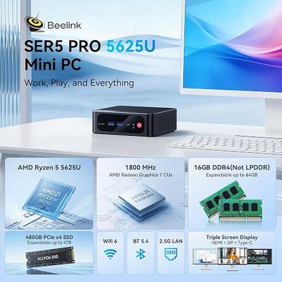 Beelink SER5 Pro Mini PC, Ryzen 5 5625U (6C/12T, Up to 4.3GHz), 16GB DDR4 RAM, 480GB NVMe SSD, Radeon Graphics 7 CUs, Triple Display 4K@60Hz via HDMI/DP/Type-C, WiFi 6/BT 5.4, Compact Office Desktop