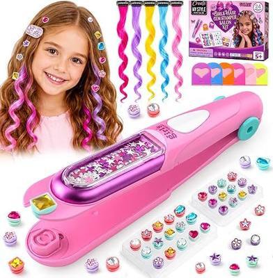 Golray Hair Gem Stamper Kit for Girls, Hair Styling Set with Gem Stamper, 24 Hair Gems, 5 Colored Hair Extensions, 6 Hair Color Powder Applicators, DIY Dress Up Toy Gift for Girls Ages 5-12