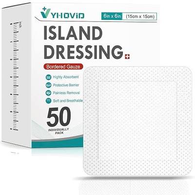 50 Count Island Dressing Bordered Gauze 6" x 6", Gauze Pads Individually Wrapped, Non-Stick Pad in Center with Adhesive Border, Bandages for Wounds, First Aid