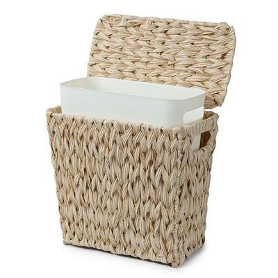 YANGQIHOME Water Hyacinth Bathroom Trash Can with Lid, Slim Rectangular Woven Waste Basket with Removable Waterproof Inner Bin, Decorative Wastebasket for Bedroom,2 Gallon,12.6’’Lx6.3’W x11’’H (White)