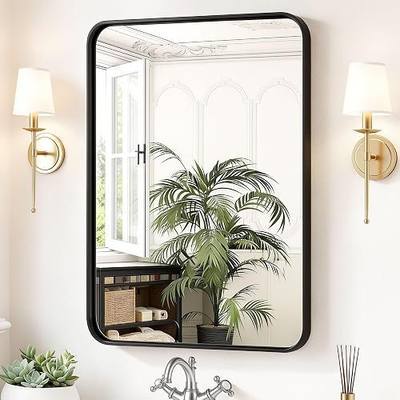 Sweetcrispy Bathroom Wall Mirror, 36x24 Inch Mirror for Over Sink, Black | Modern Wall Mount Vanity Mirror Rounded Rectangle with Matte Brush Metal Framed, for Home Decor, Living Room, Bedroom